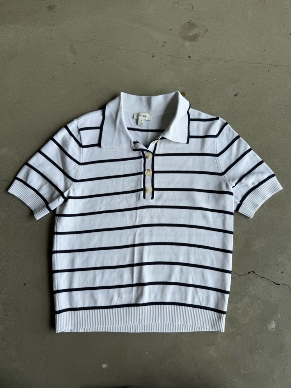 On 34th / Striped Knit Short Sleeve Polo Sweater Top / white black - Picture 3 of 8